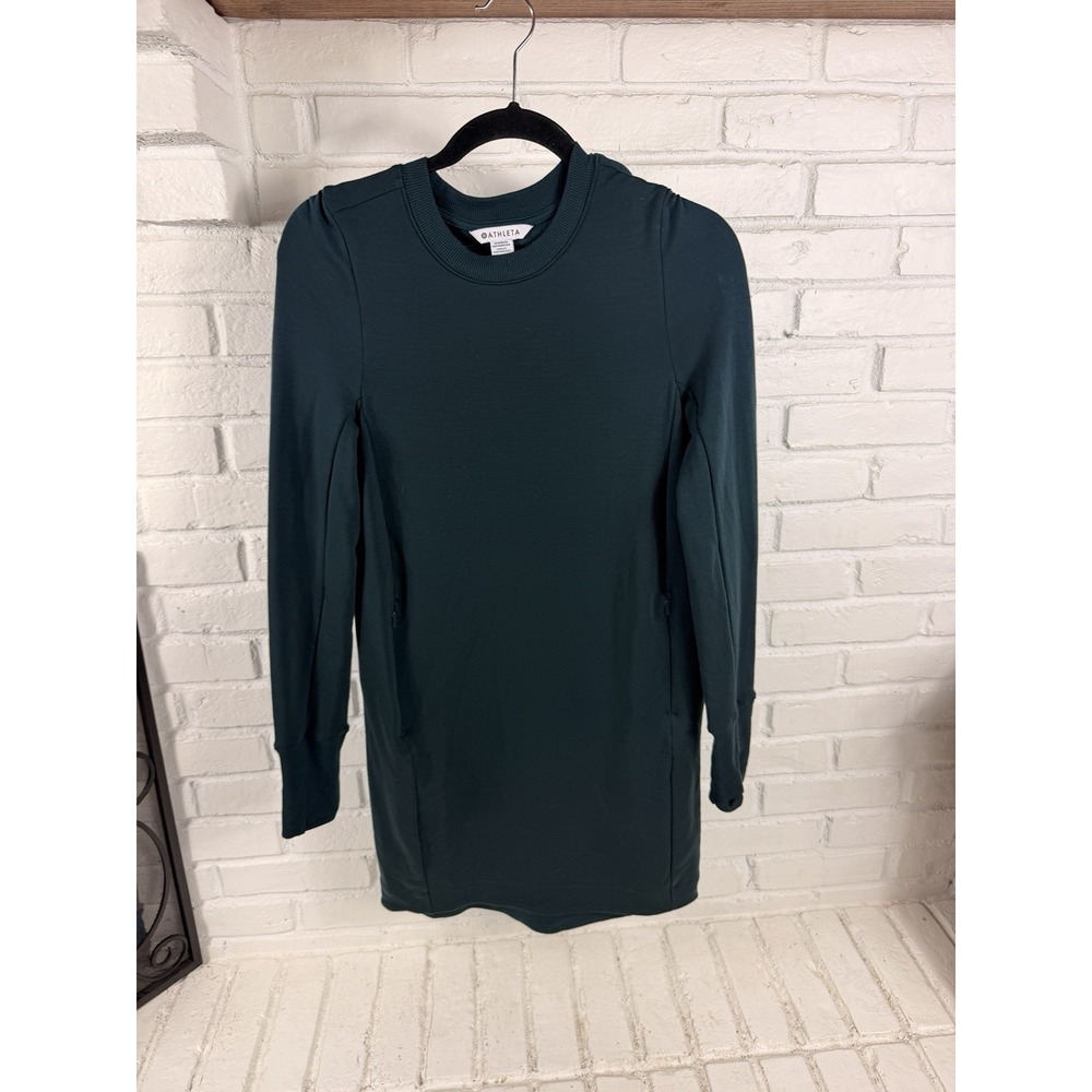 Athleta Coaster Luxe Sweatshirt Dress XXS Teal Tencel Zip Pockets Thumbholes